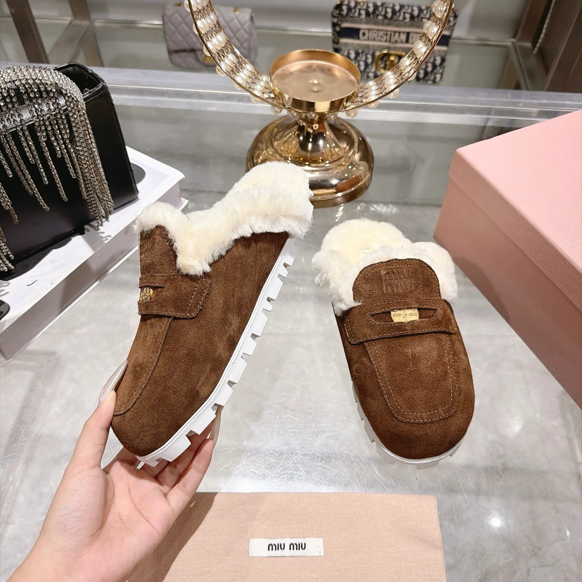Miu Miu Women's Fur Slippers Suede Wool Rubber