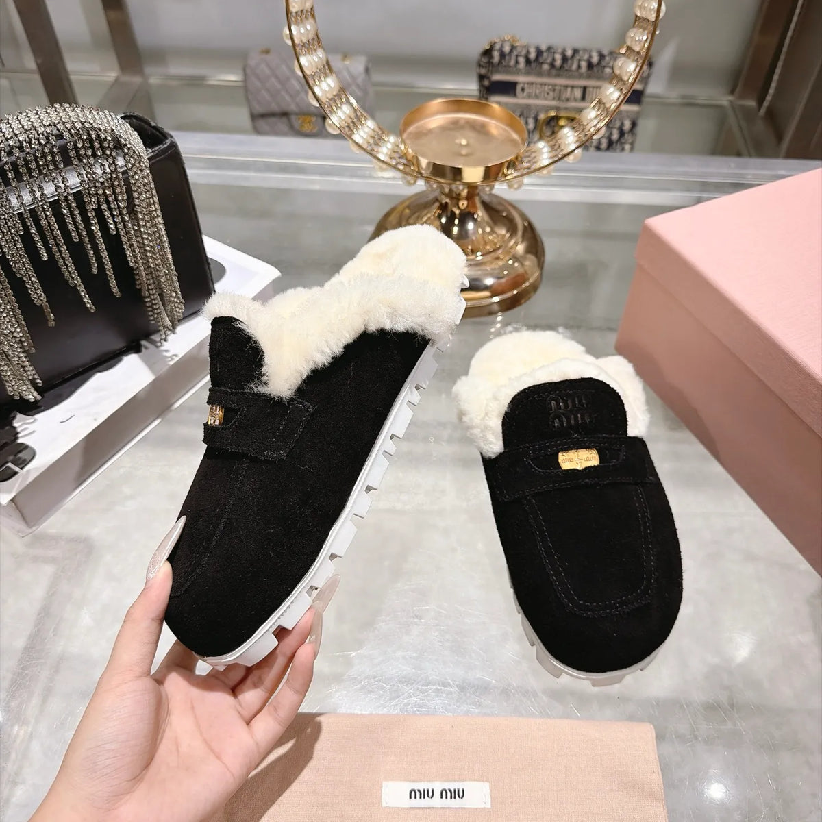Miu Miu Women's Fur Slippers Suede Wool Rubber