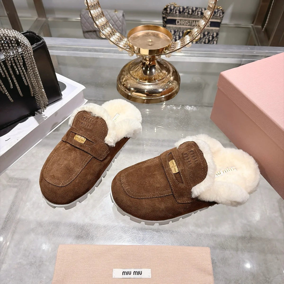 Miu Miu Women's Fur Slippers Suede Wool Rubber