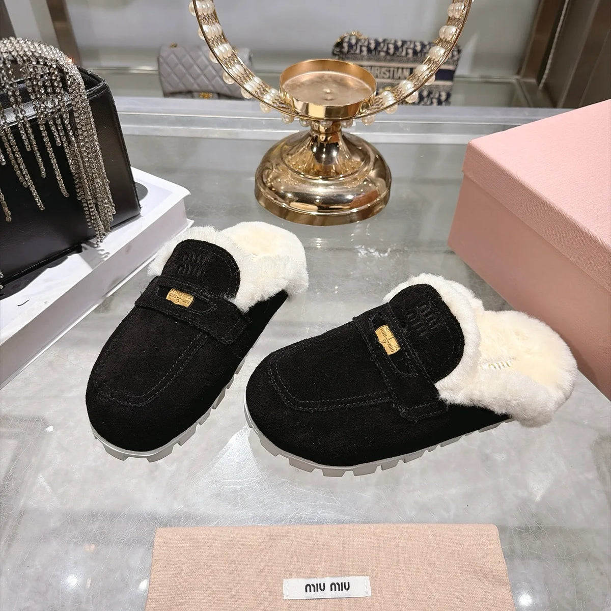 Miu Miu Women's Fur Slippers Suede Wool Rubber