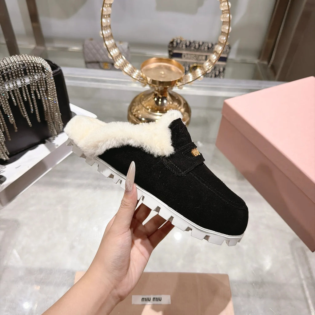 Miu Miu Women's Fur Slippers Suede Wool Rubber