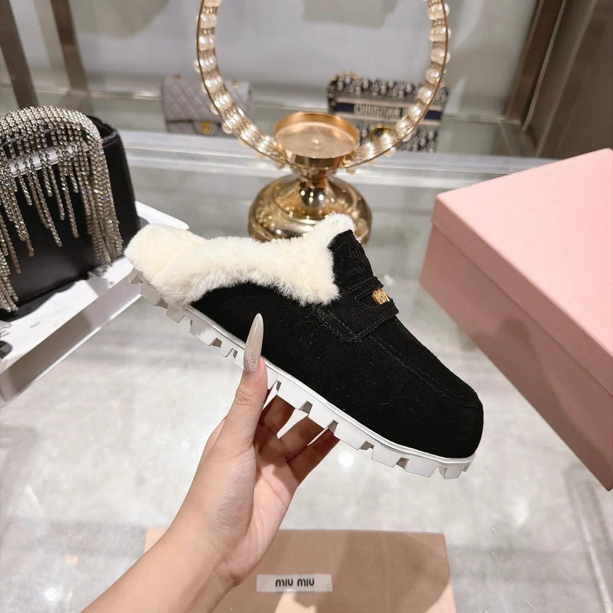 Miu Miu Women's Fur Slippers Suede Wool Rubber