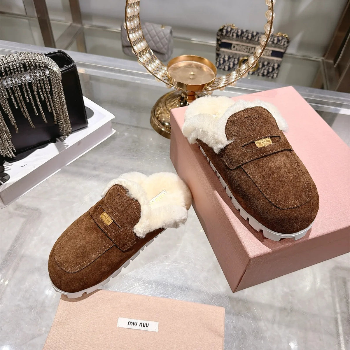 Miu Miu Women's Fur Slippers Suede Wool Rubber