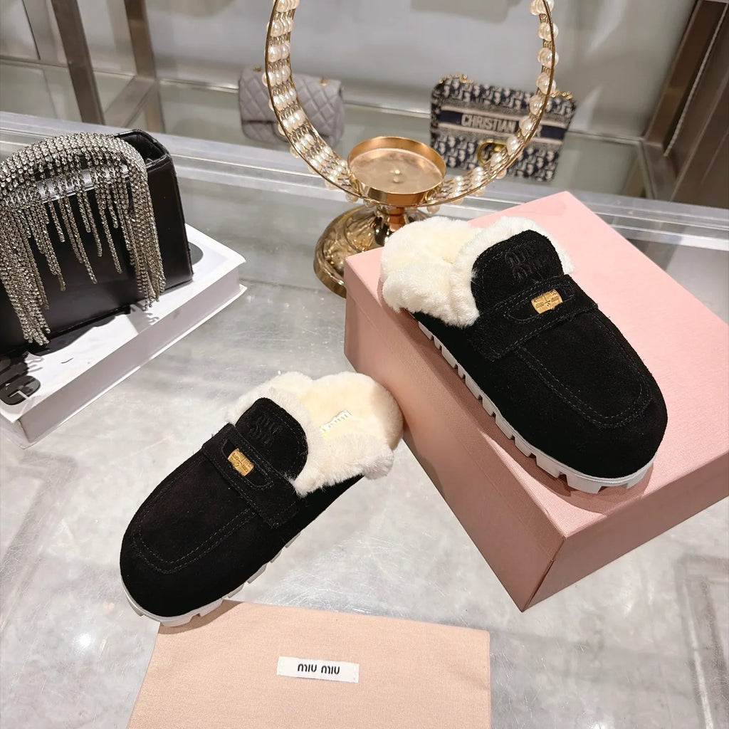 Miu Miu Women's Fur Slippers Suede Wool Rubber