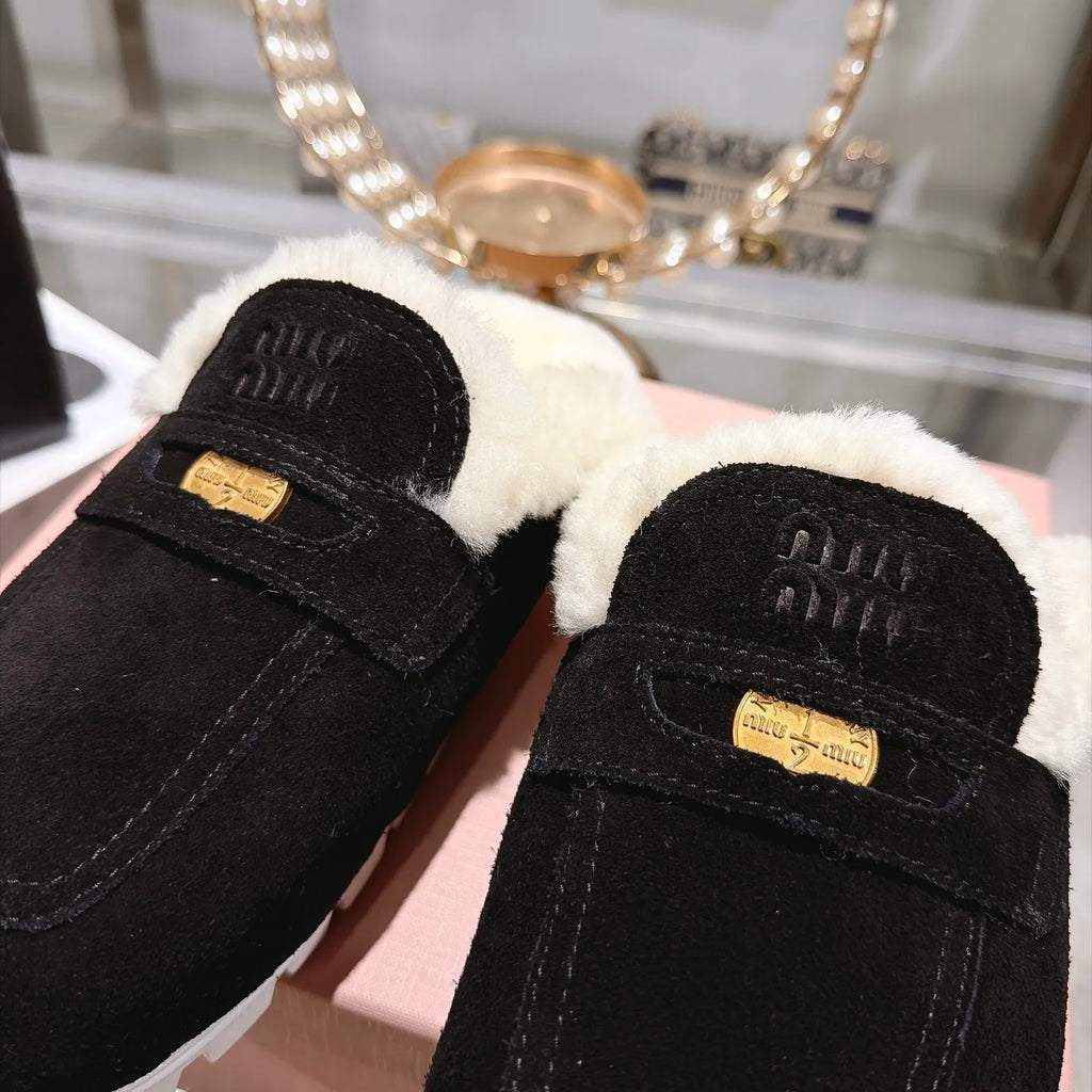 Miu Miu Women's Fur Slippers Suede Wool Rubber