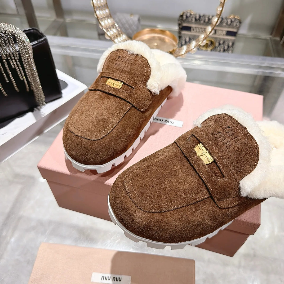 Miu Miu Women's Fur Slippers Suede Wool Rubber
