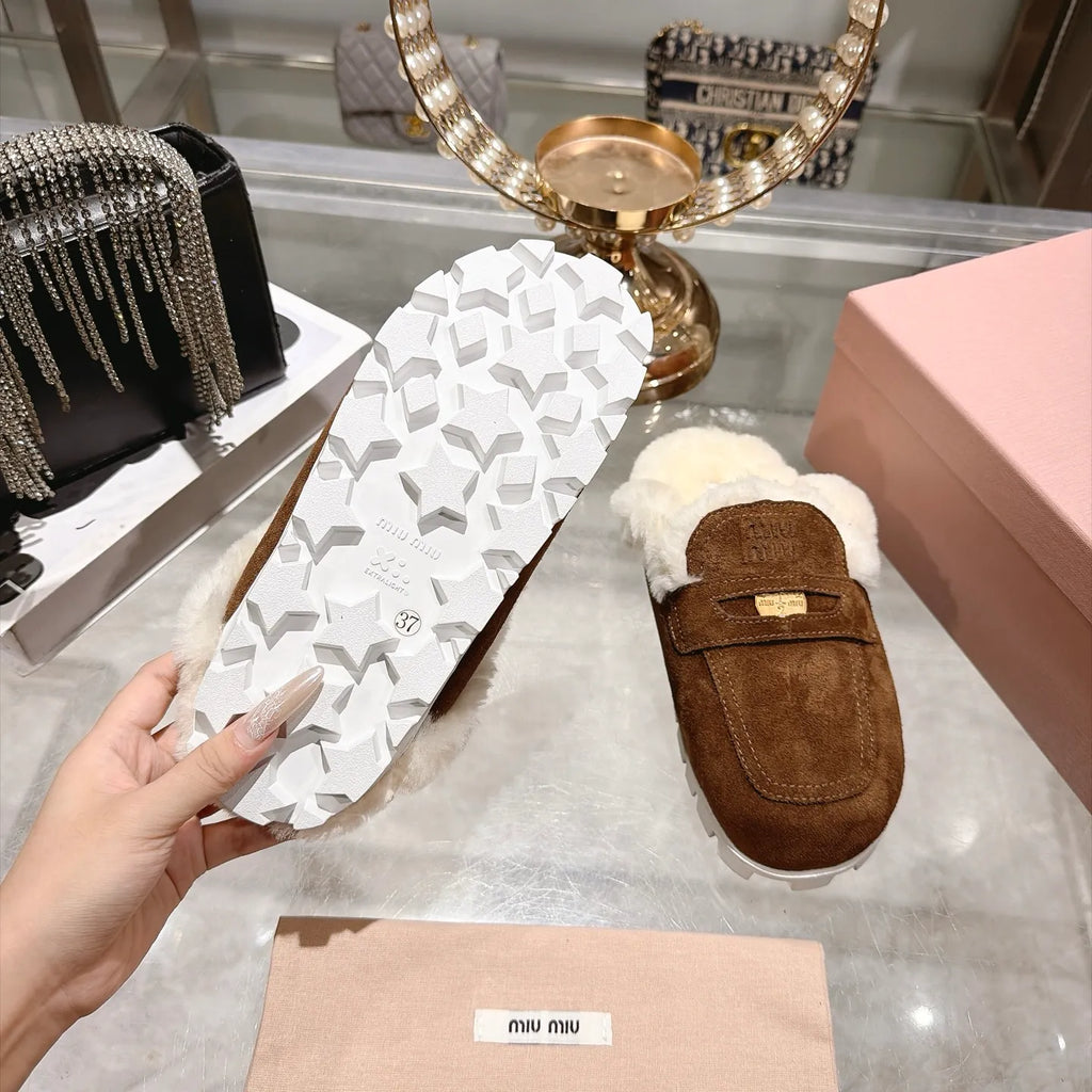 Miu Miu Women's Fur Slippers Suede Wool Rubber