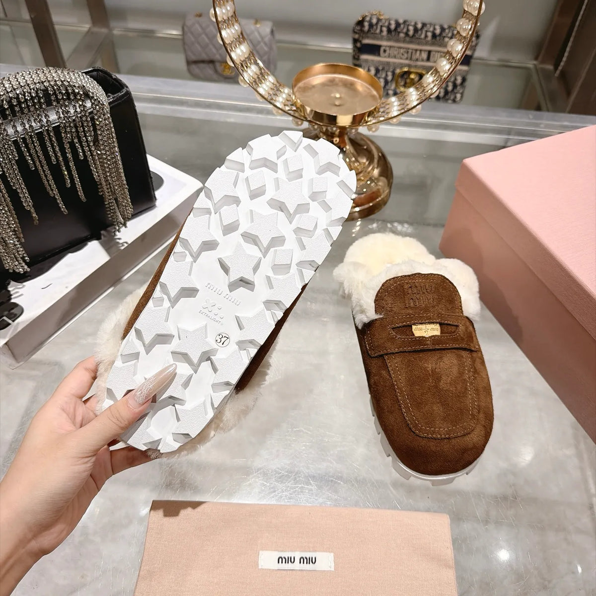 Miu Miu Women's Fur Slippers Suede Wool Rubber