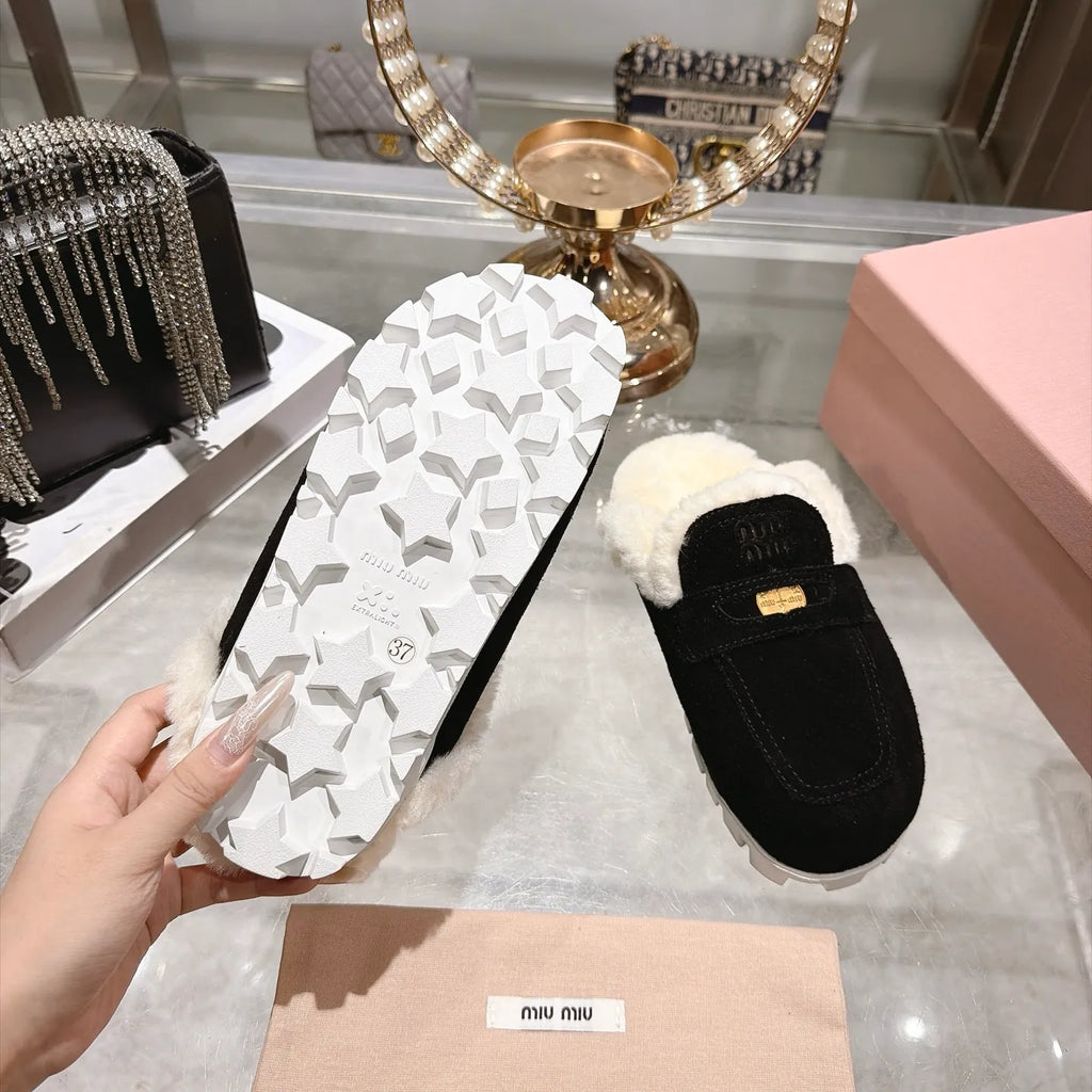 Miu Miu Women's Fur Slippers Suede Wool Rubber