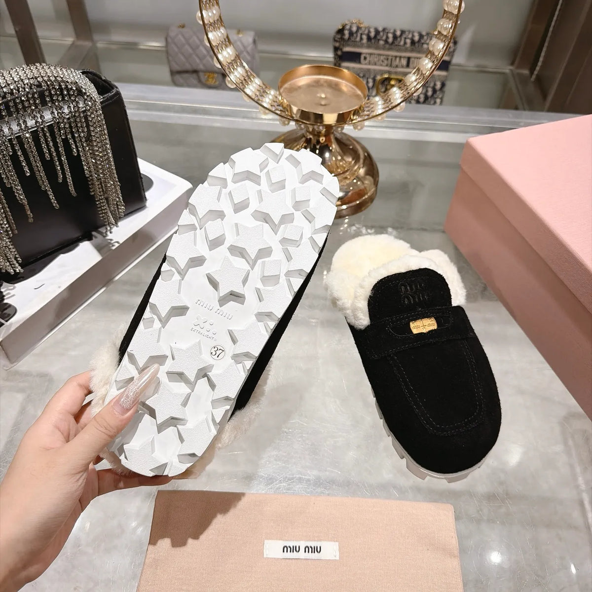 Miu Miu Women's Fur Slippers Suede Wool Rubber