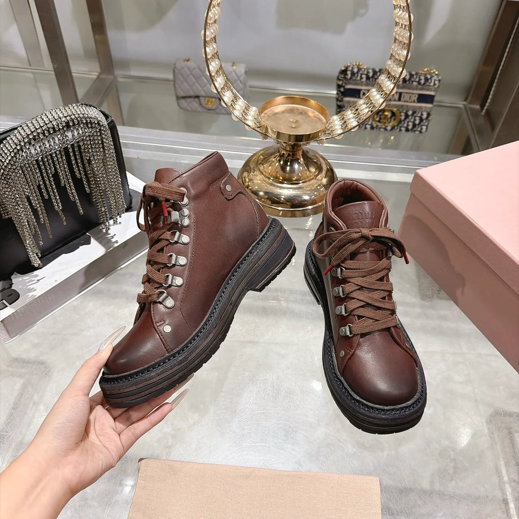 Miu Miu Women's Lace-up Motorcycle Boots Distressed Leather 2026