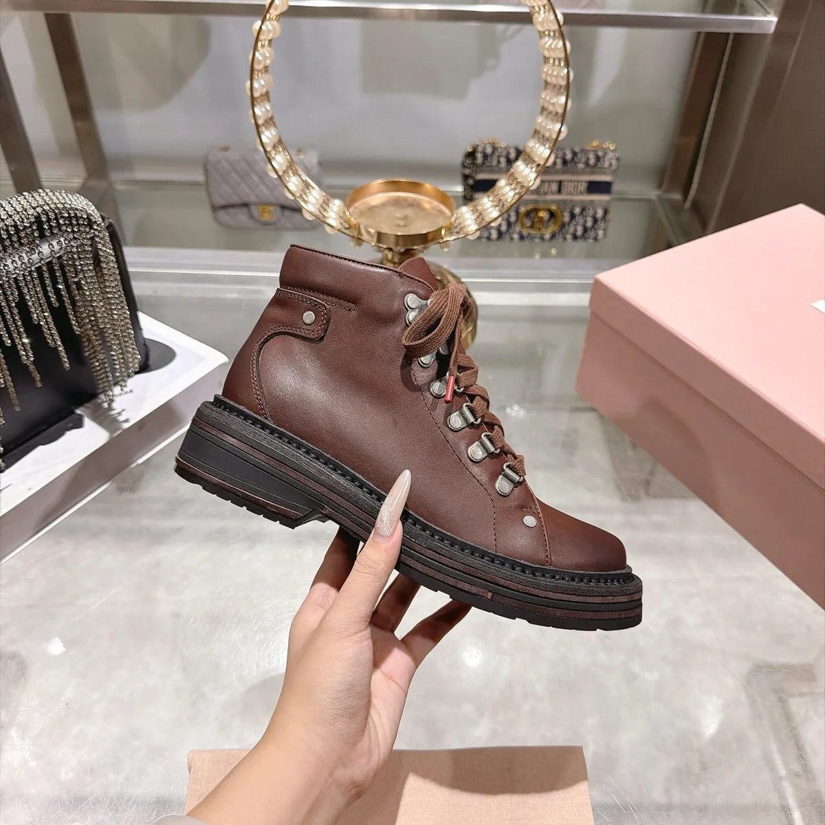 Miu Miu Women's Lace-up Motorcycle Boots Distressed Leather 2026