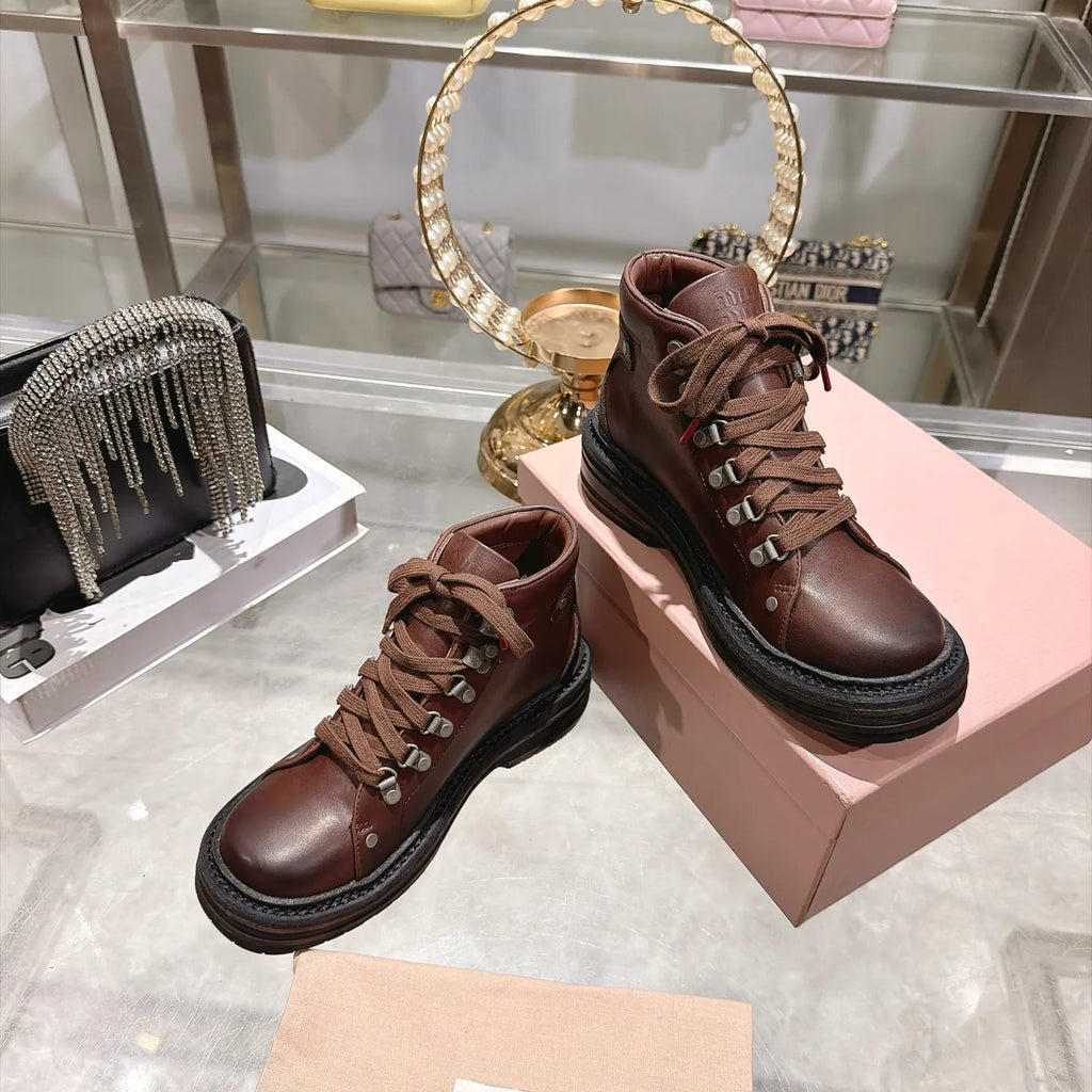 Miu Miu Women's Lace-up Motorcycle Boots Distressed Leather 2026