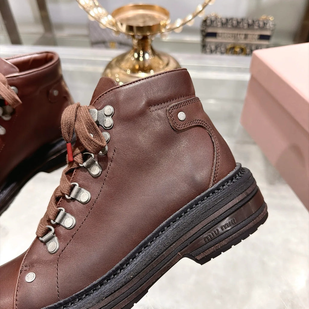 Miu Miu Women's Lace-up Motorcycle Boots Distressed Leather 2026