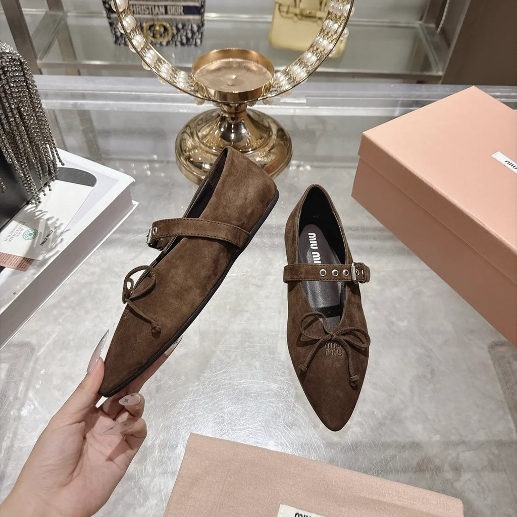 Miu Miu Women's Pointed Toe Mary Jane Flats Suede Sheepskin 2026