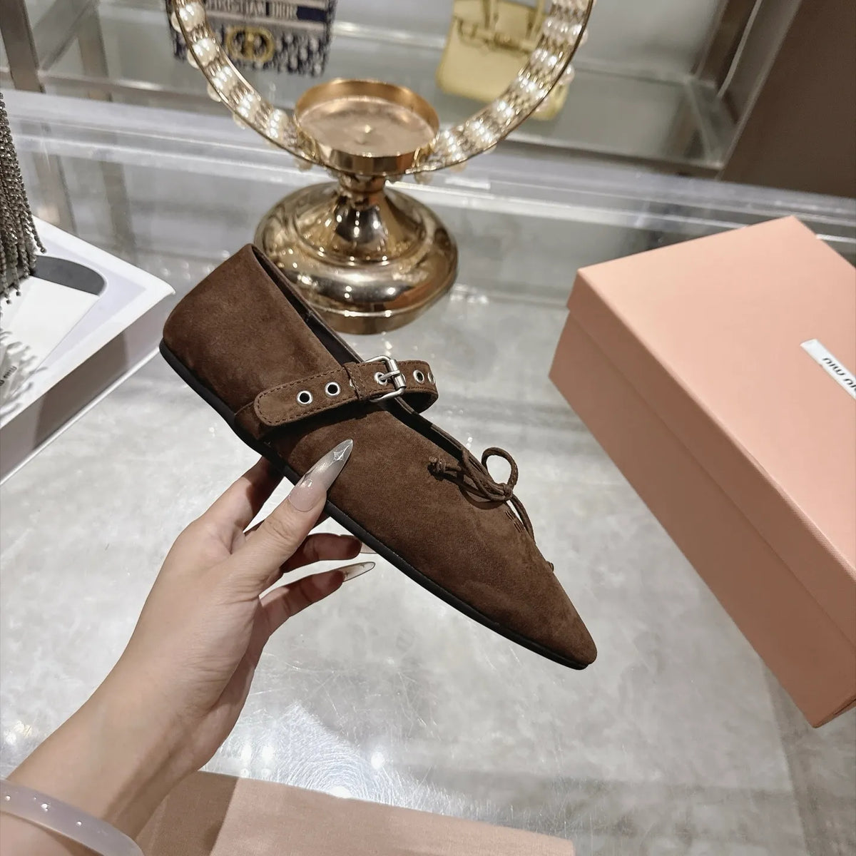 Miu Miu Women's Pointed Toe Mary Jane Flats Suede Sheepskin 2026
