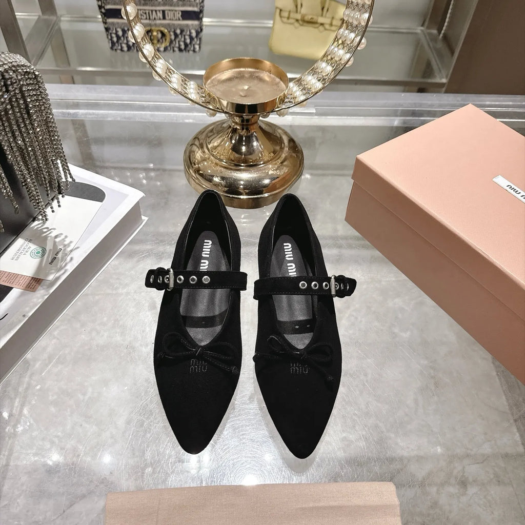 Miu Miu Women's Pointed Toe Mary Jane Flats Suede Sheepskin Rubber 2026