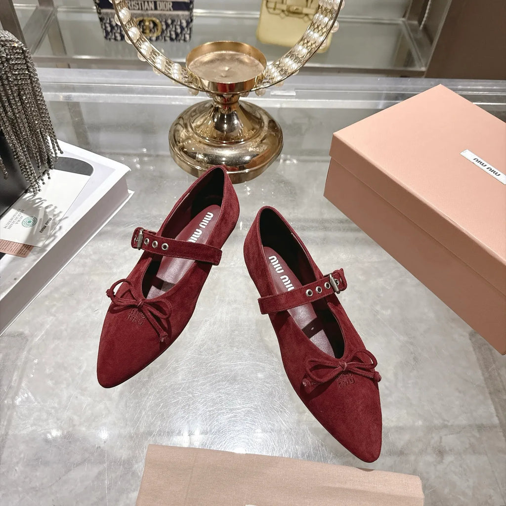 Miu Miu Women's Pointed Toe Mary Jane Flats Suede Sheepskin Rubber 2026