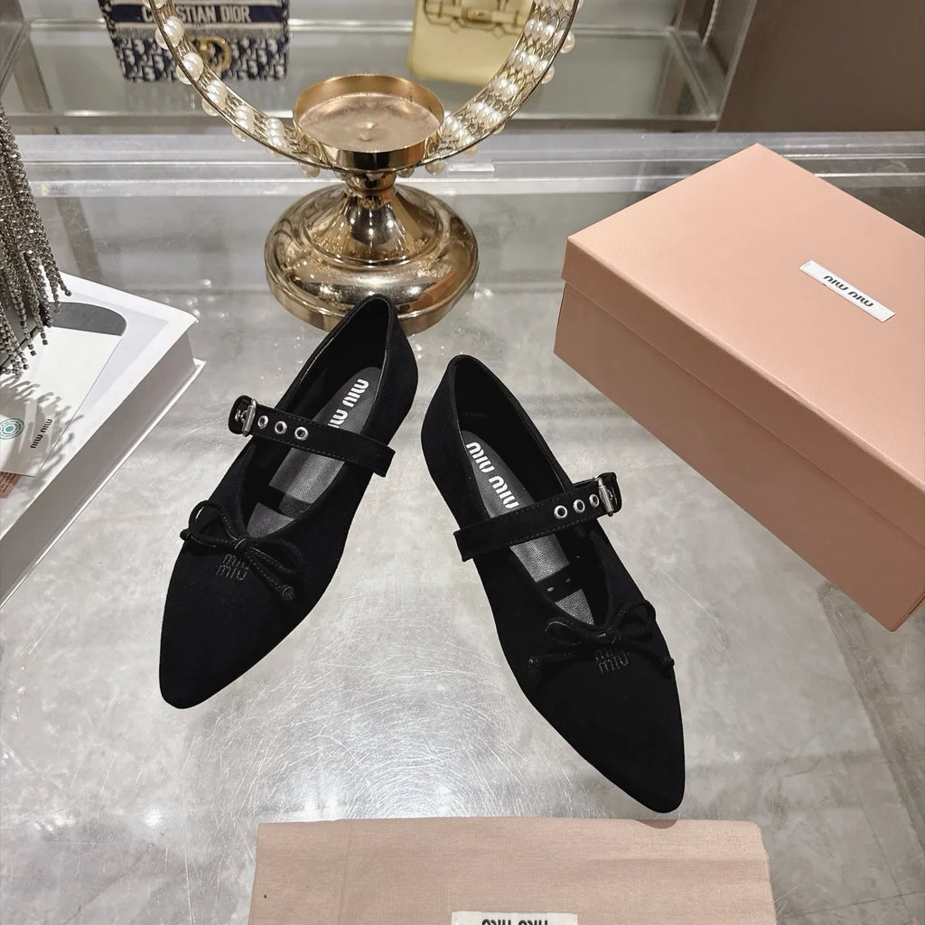 Miu Miu Women's Pointed Toe Mary Jane Flats Suede Sheepskin Rubber 2026