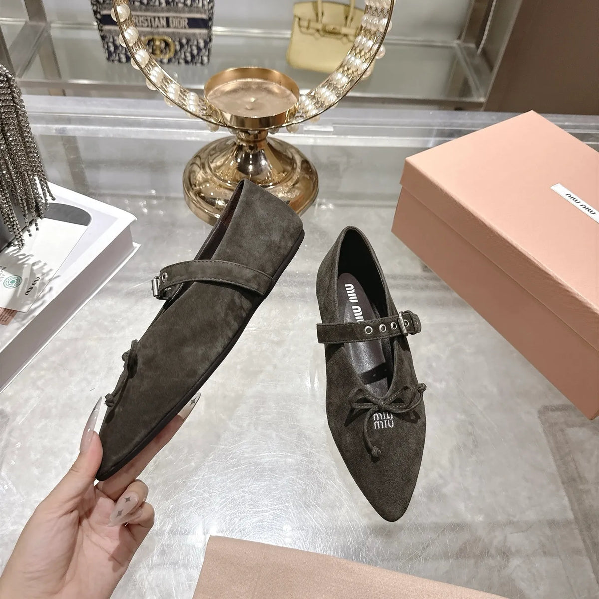 Miu Miu Women's Pointed Toe Mary Jane Flats Suede Sheepskin Rubber 2026