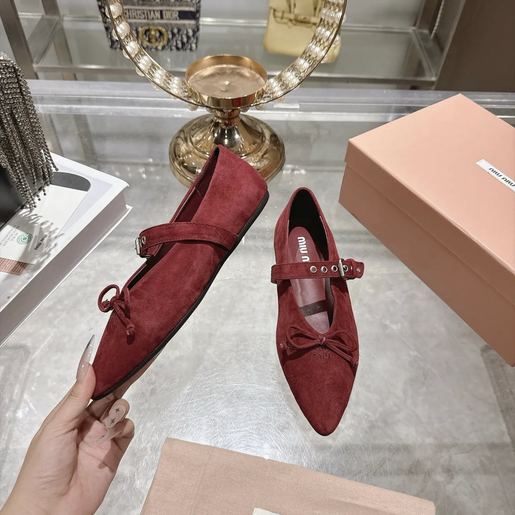 Miu Miu Women's Pointed Toe Mary Jane Flats Suede Sheepskin Rubber 2026