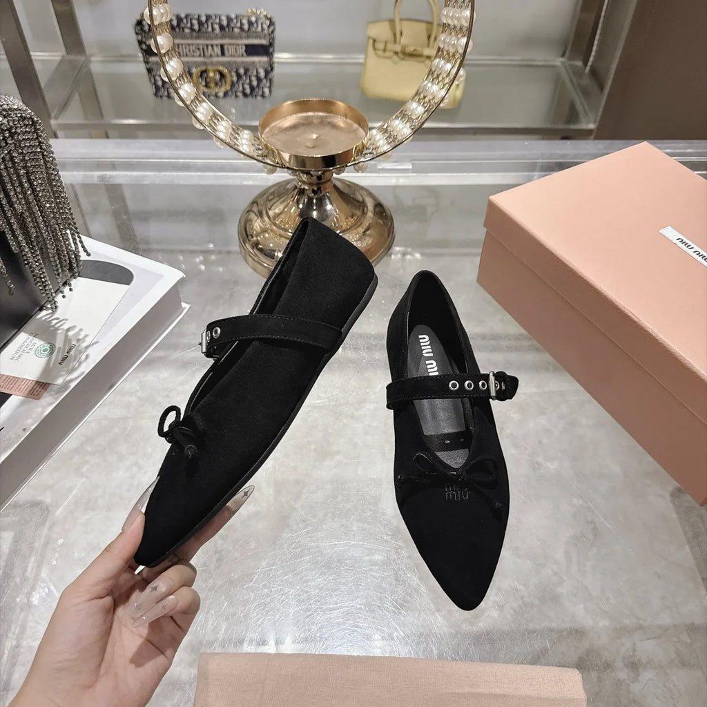 Miu Miu Women's Pointed Toe Mary Jane Flats Suede Sheepskin Rubber 2026