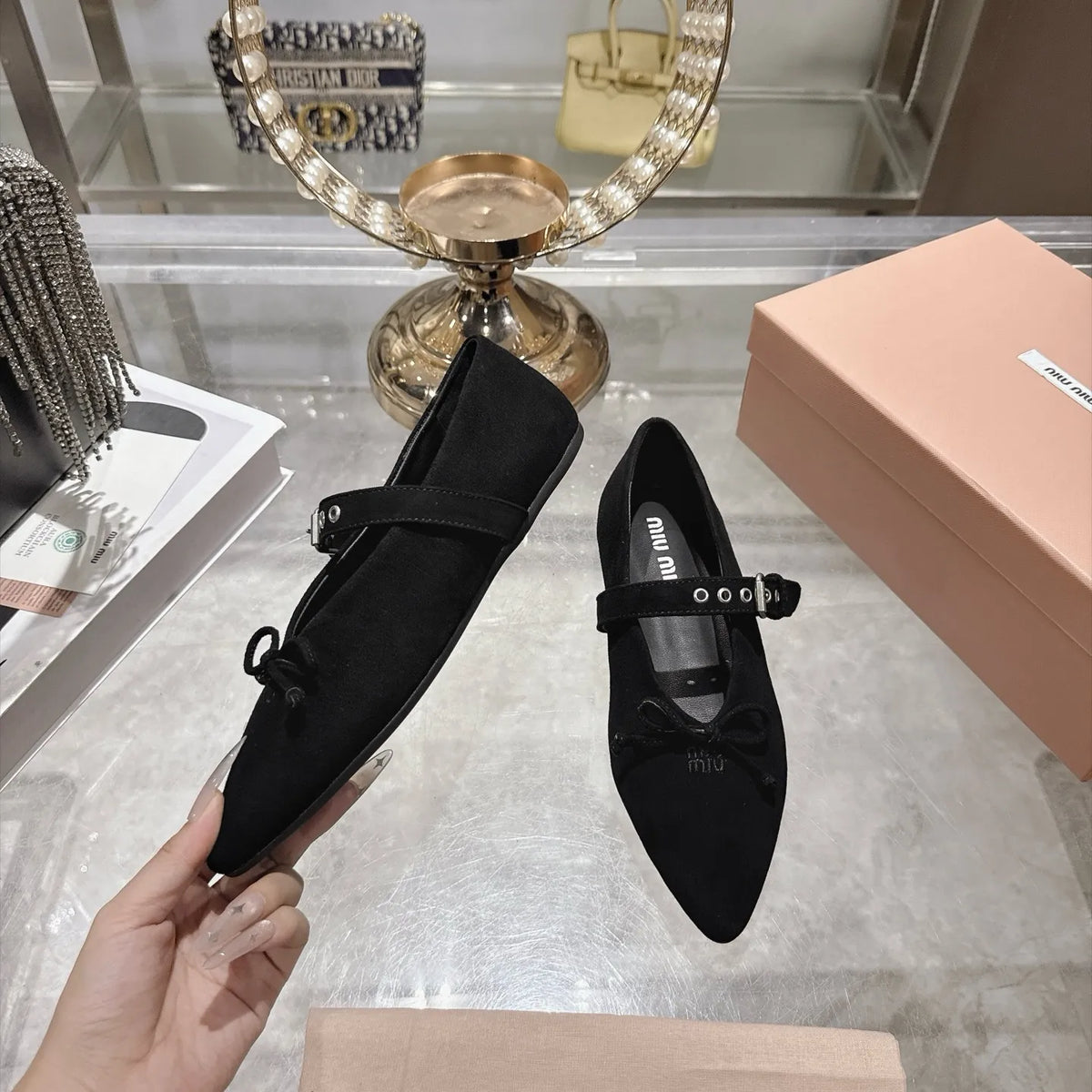 Miu Miu Women's Pointed Toe Mary Jane Flats Suede Sheepskin Rubber 2026