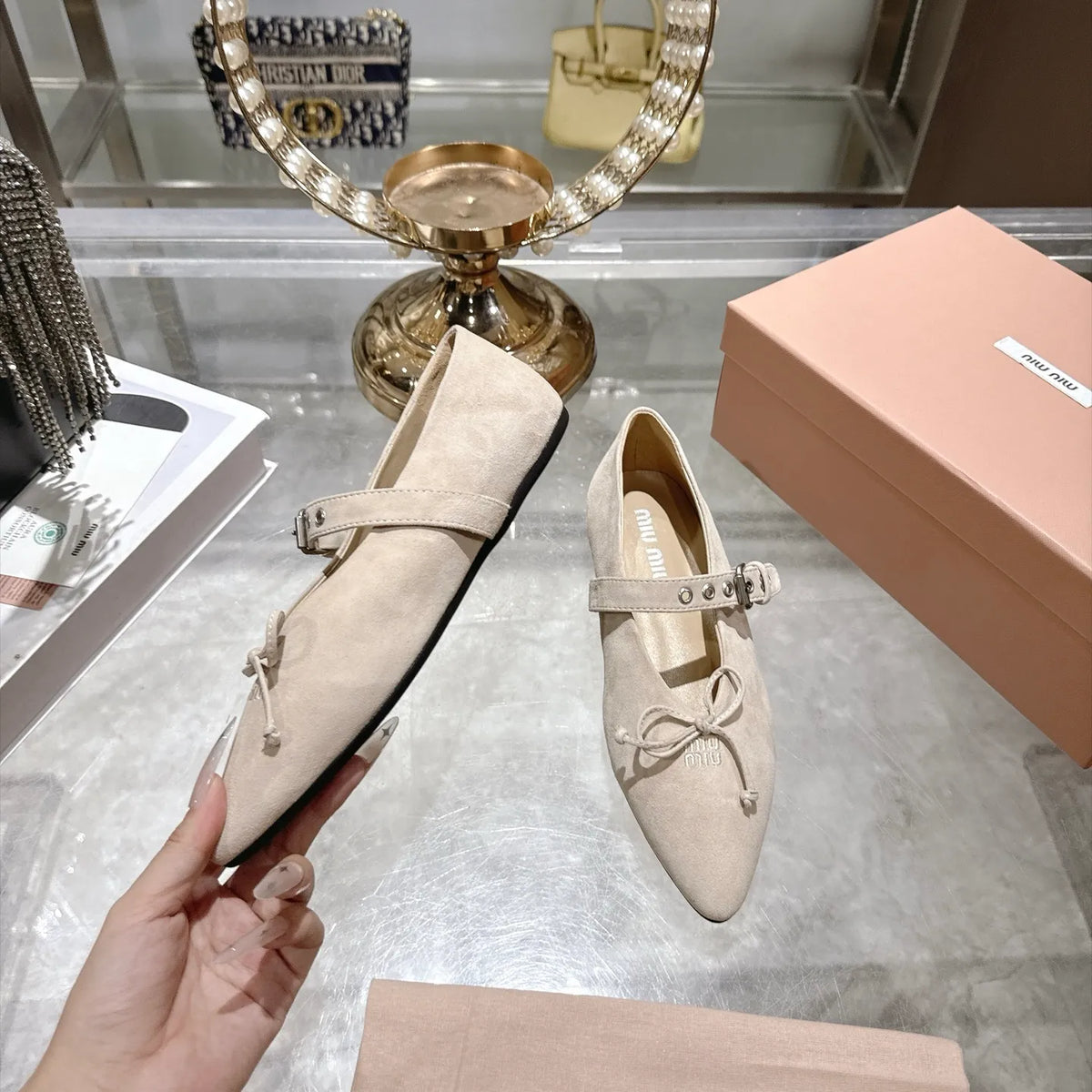 Miu Miu Women's Pointed Toe Mary Jane Flats Suede Sheepskin Rubber 2026