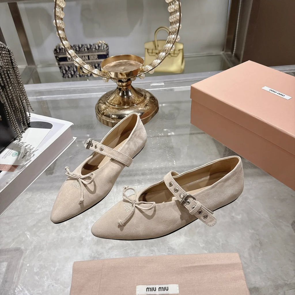 Miu Miu Women's Pointed Toe Mary Jane Flats Suede Sheepskin Rubber 2026