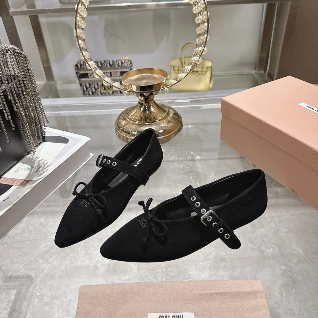 Miu Miu Women's Pointed Toe Mary Jane Flats Suede Sheepskin Rubber 2026