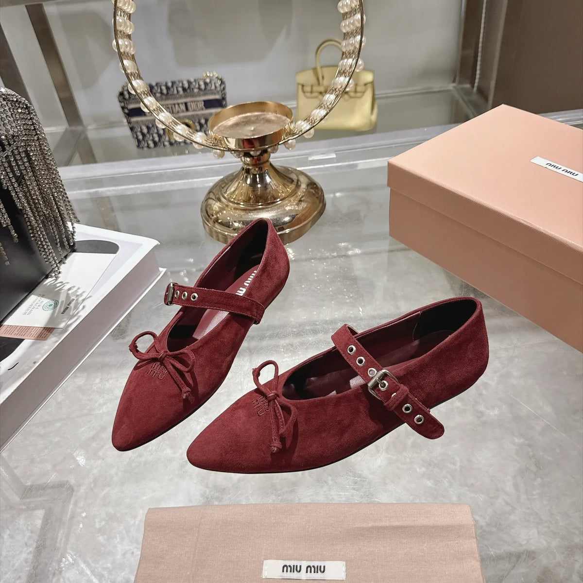 Miu Miu Women's Pointed Toe Mary Jane Flats Suede Sheepskin Rubber 2026