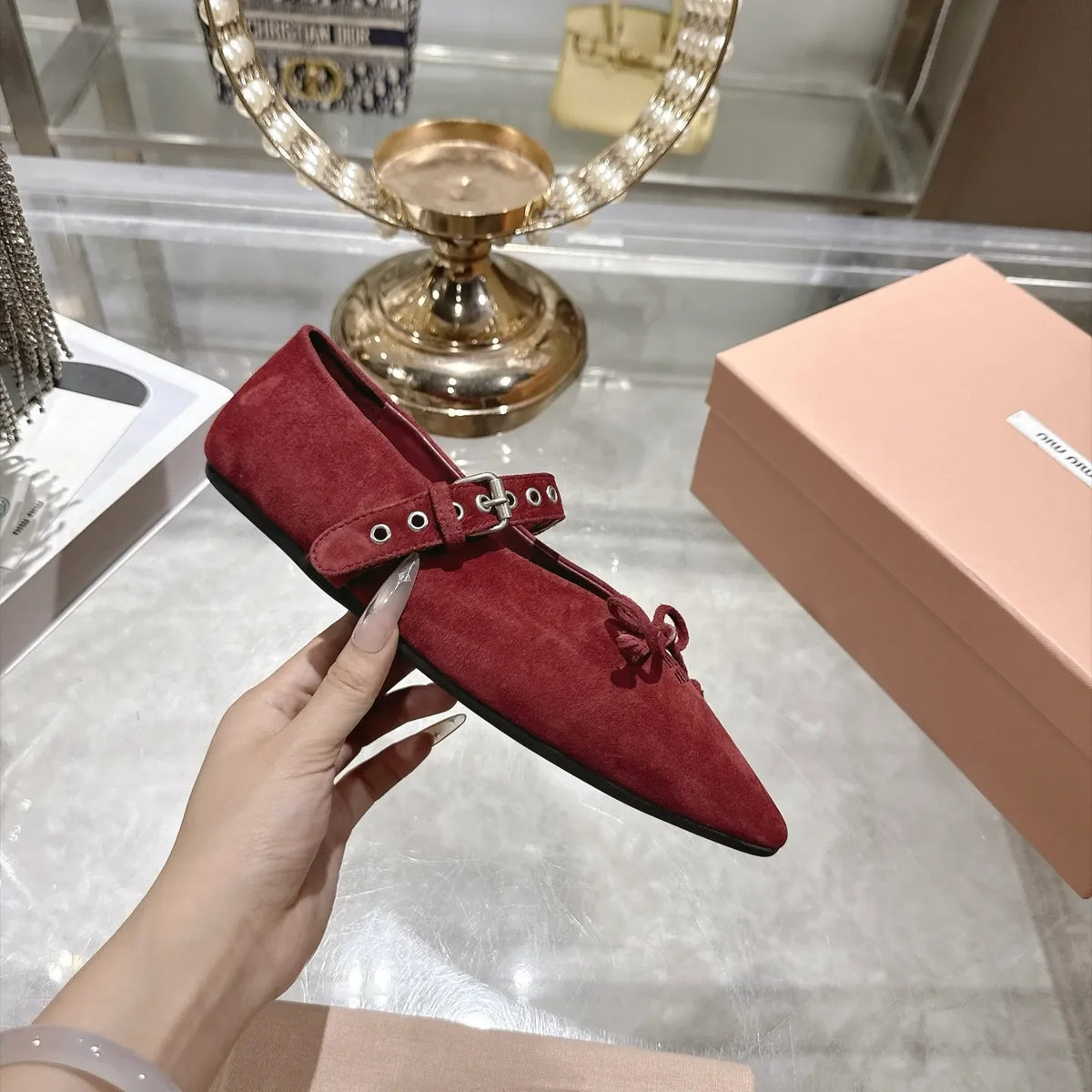 Miu Miu Women's Pointed Toe Mary Jane Flats Suede Sheepskin Rubber 2026