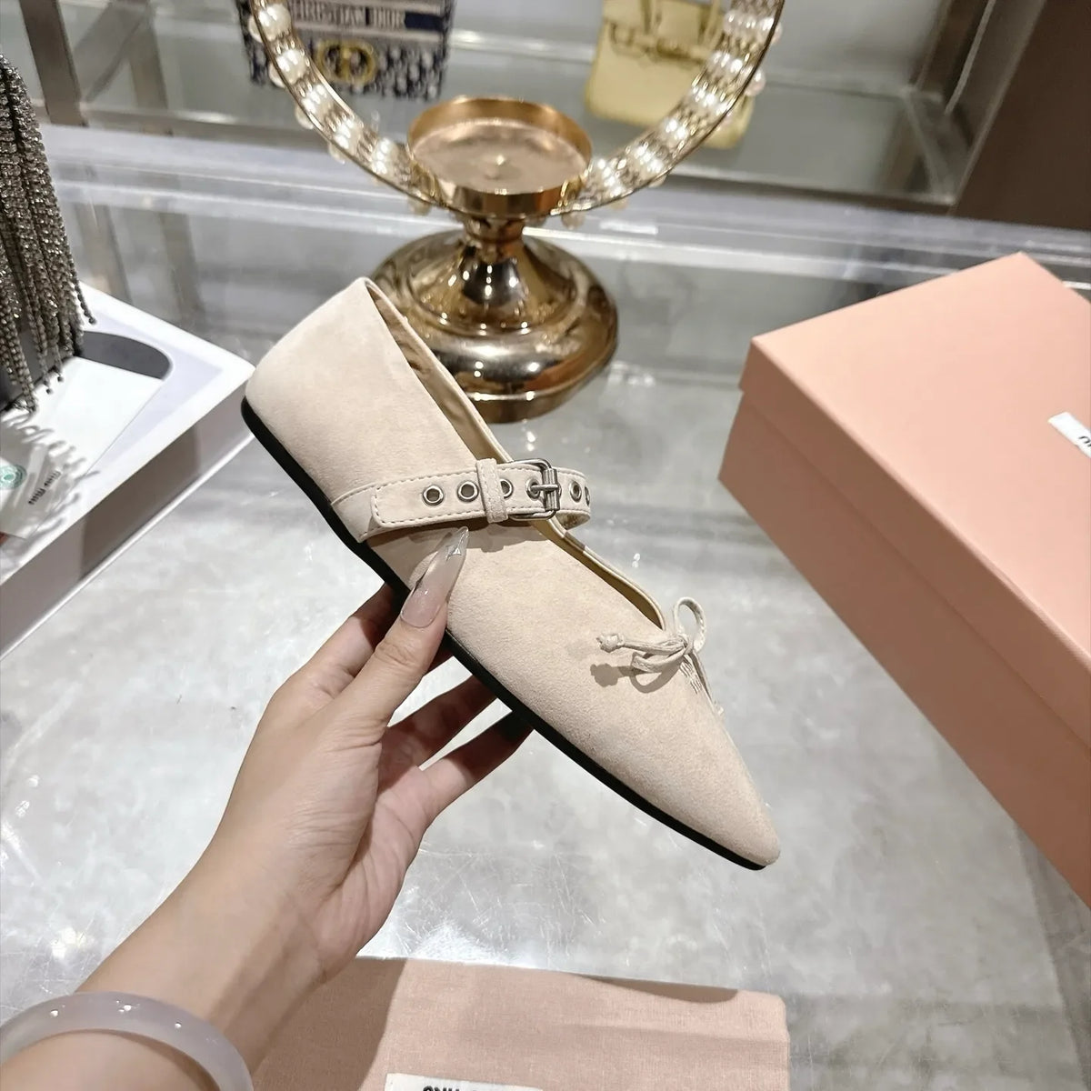 Miu Miu Women's Pointed Toe Mary Jane Flats Suede Sheepskin Rubber 2026