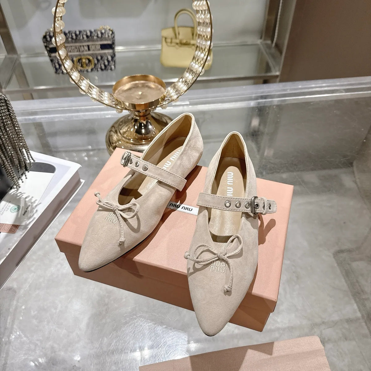 Miu Miu Women's Pointed Toe Mary Jane Flats Suede Sheepskin Rubber 2026