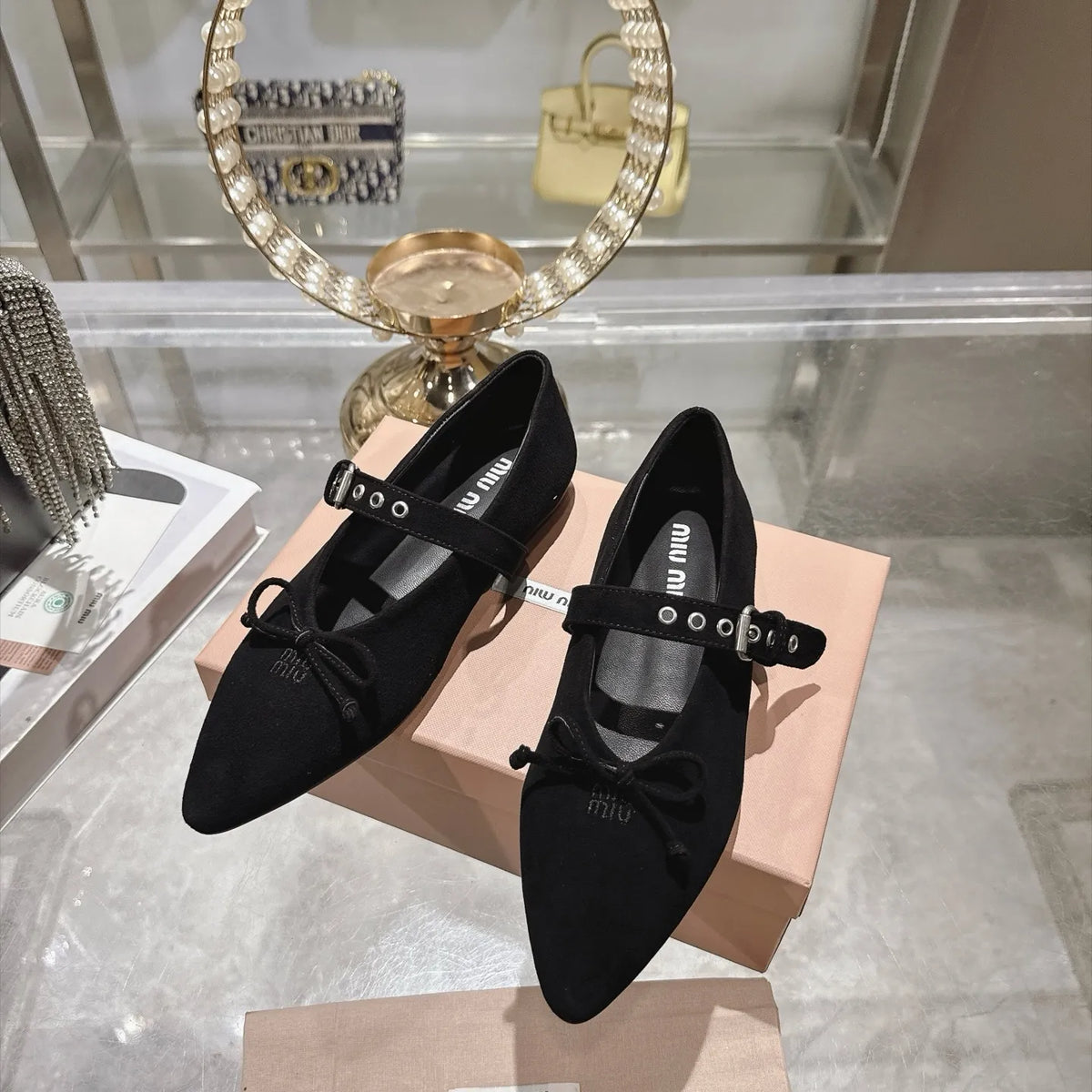 Miu Miu Women's Pointed Toe Mary Jane Flats Suede Sheepskin Rubber 2026