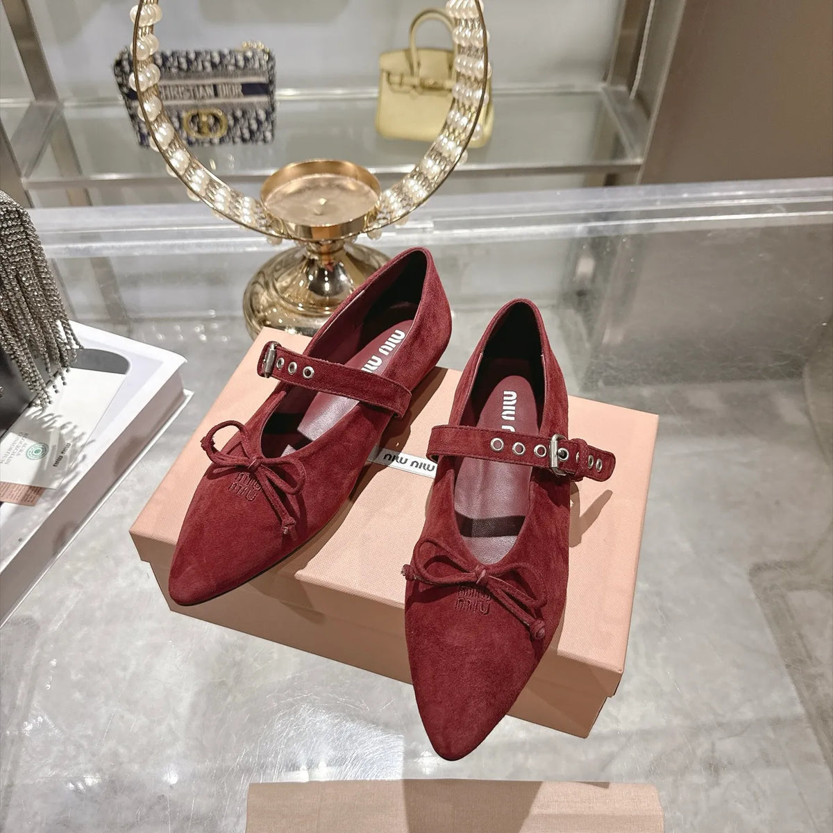 Miu Miu Women's Pointed Toe Mary Jane Flats Suede Sheepskin Rubber 2026
