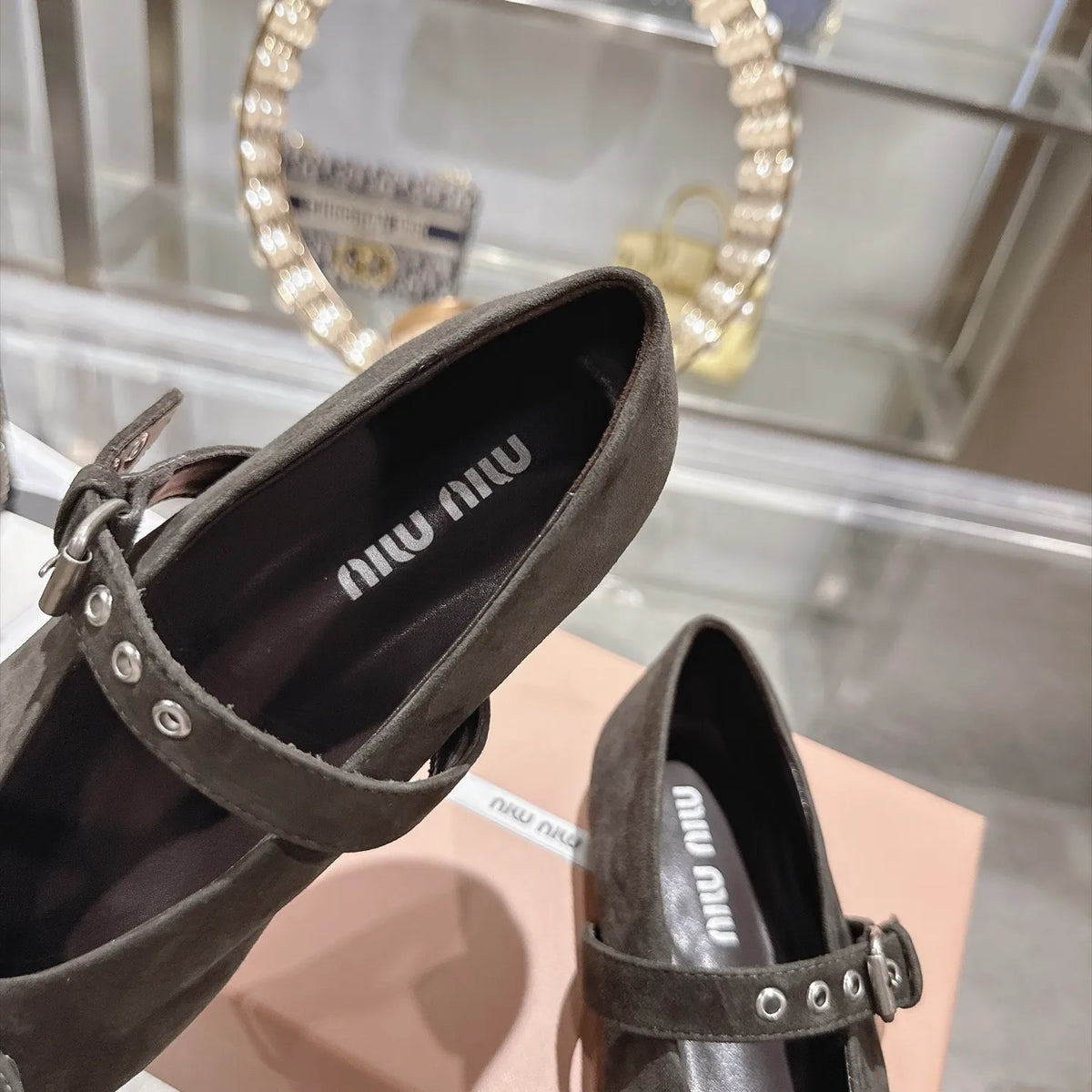 Miu Miu Women's Pointed Toe Mary Jane Flats Suede Sheepskin Rubber 2026