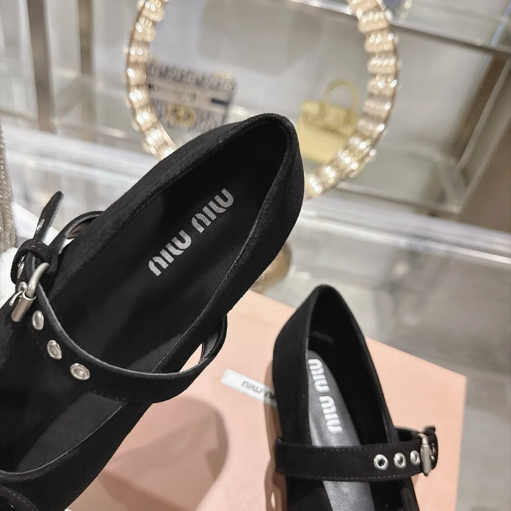 Miu Miu Women's Pointed Toe Mary Jane Flats Suede Sheepskin Rubber 2026