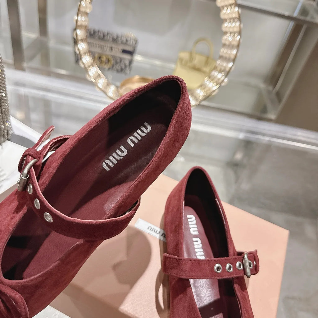 Miu Miu Women's Pointed Toe Mary Jane Flats Suede Sheepskin Rubber 2026