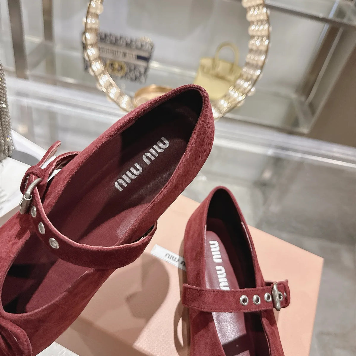 Miu Miu Women's Pointed Toe Mary Jane Flats Suede Sheepskin Rubber 2026