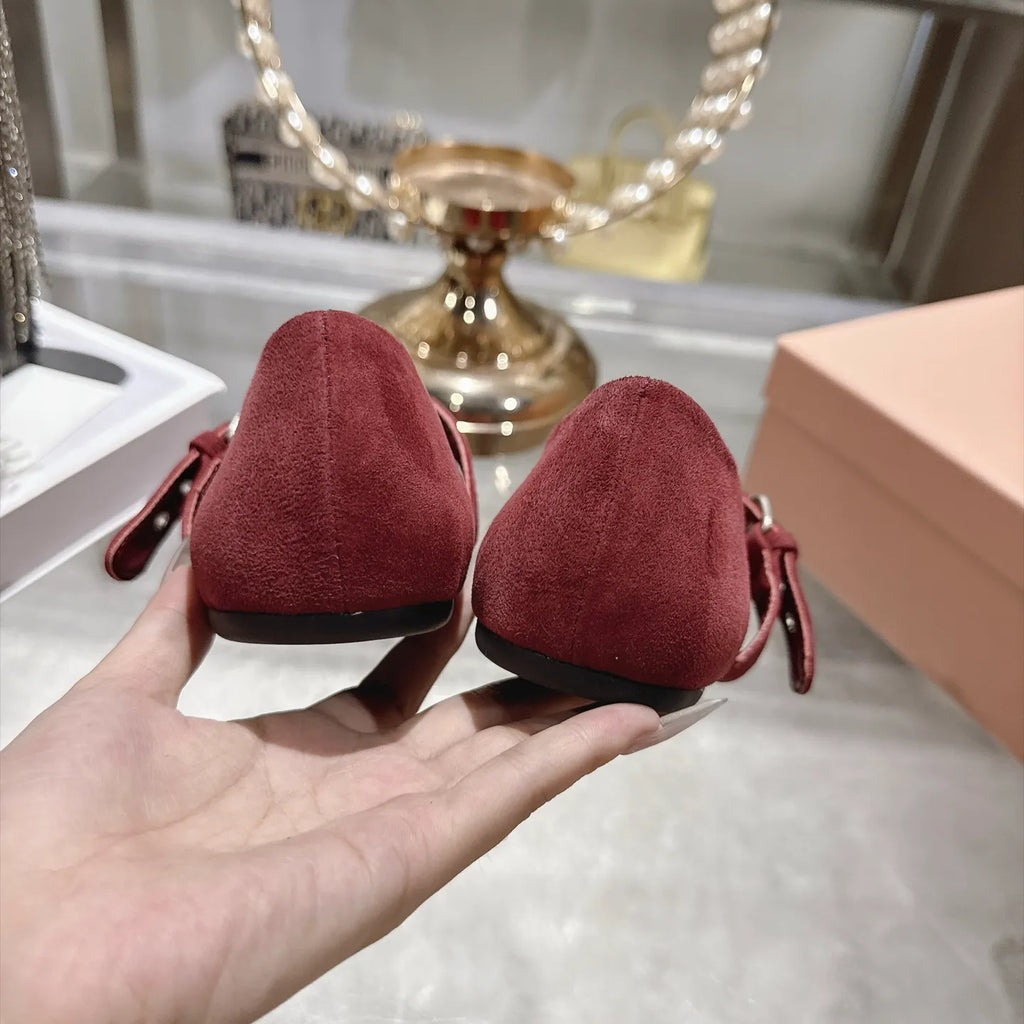 Miu Miu Women's Pointed Toe Mary Jane Flats Suede Sheepskin Rubber 2026