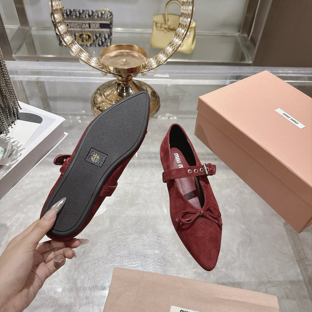 Miu Miu Women's Pointed Toe Mary Jane Flats Suede Sheepskin Rubber 2026