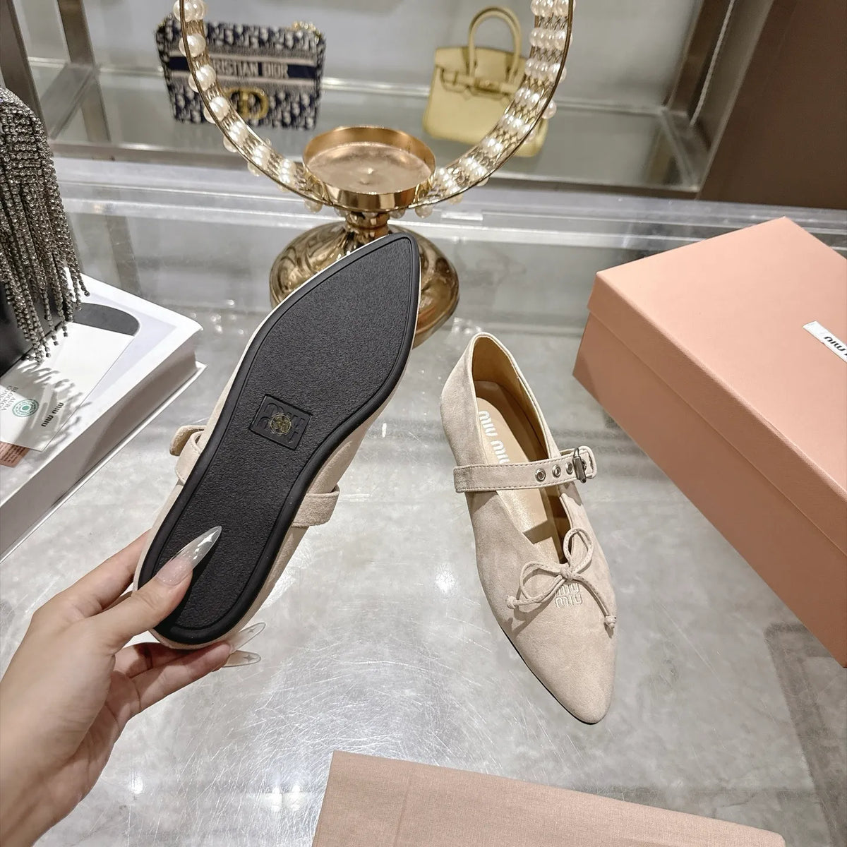 Miu Miu Women's Pointed Toe Mary Jane Flats Suede Sheepskin Rubber 2026