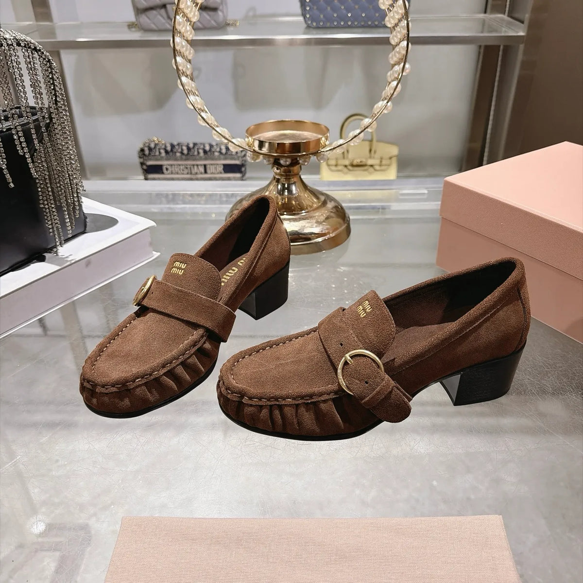 Miu Miu Women's Ruched Buckle Loafers Calfskin Suede Sheepskin Rubber 2026