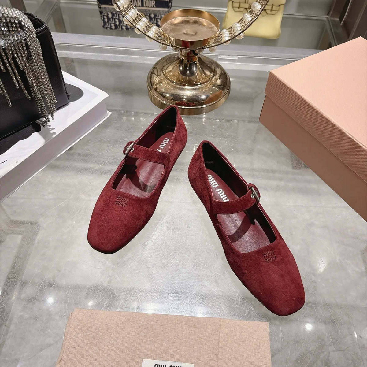 Miu Miu Women's Square Toe Mary Jane Flats Suede Sheepskin 2026