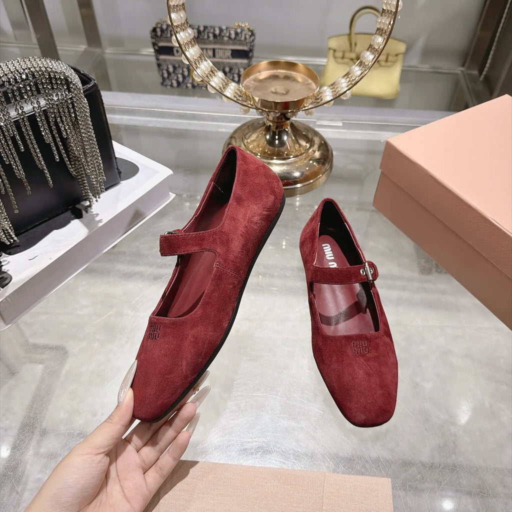Miu Miu Women's Square Toe Mary Jane Flats Suede Sheepskin 2026