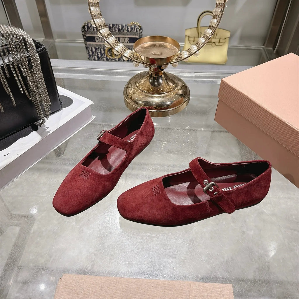 Miu Miu Women's Square Toe Mary Jane Flats Suede Sheepskin 2026