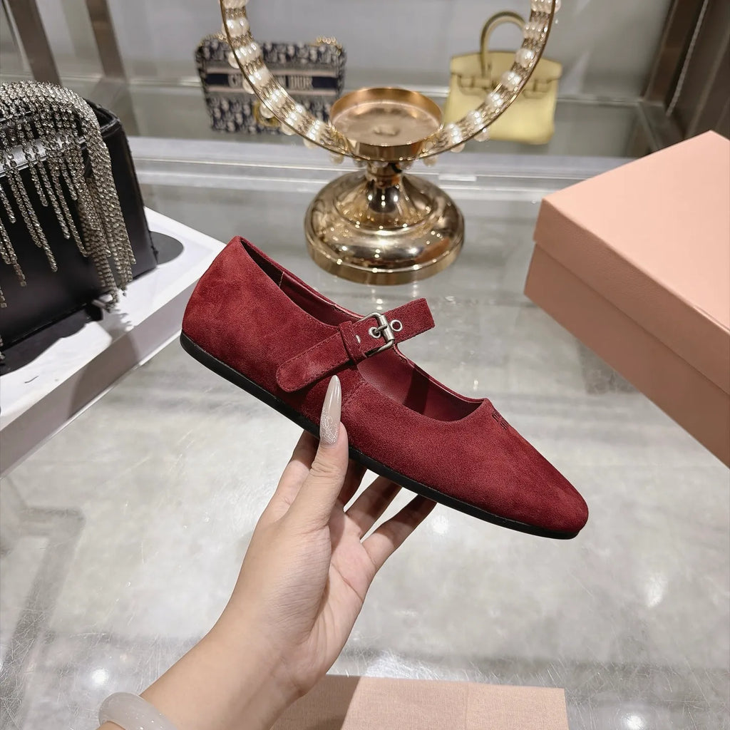 Miu Miu Women's Square Toe Mary Jane Flats Suede Sheepskin 2026