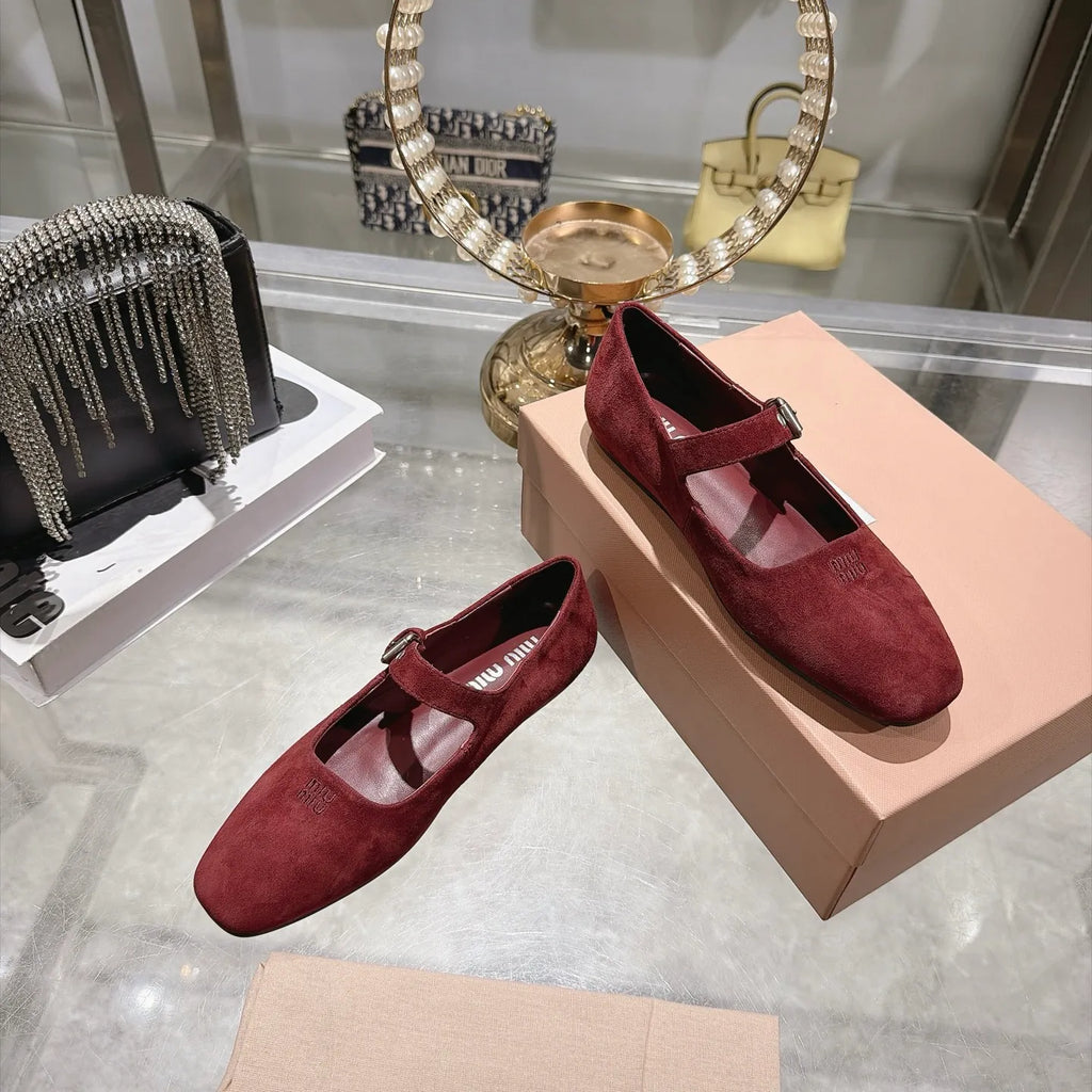 Miu Miu Women's Square Toe Mary Jane Flats Suede Sheepskin 2026