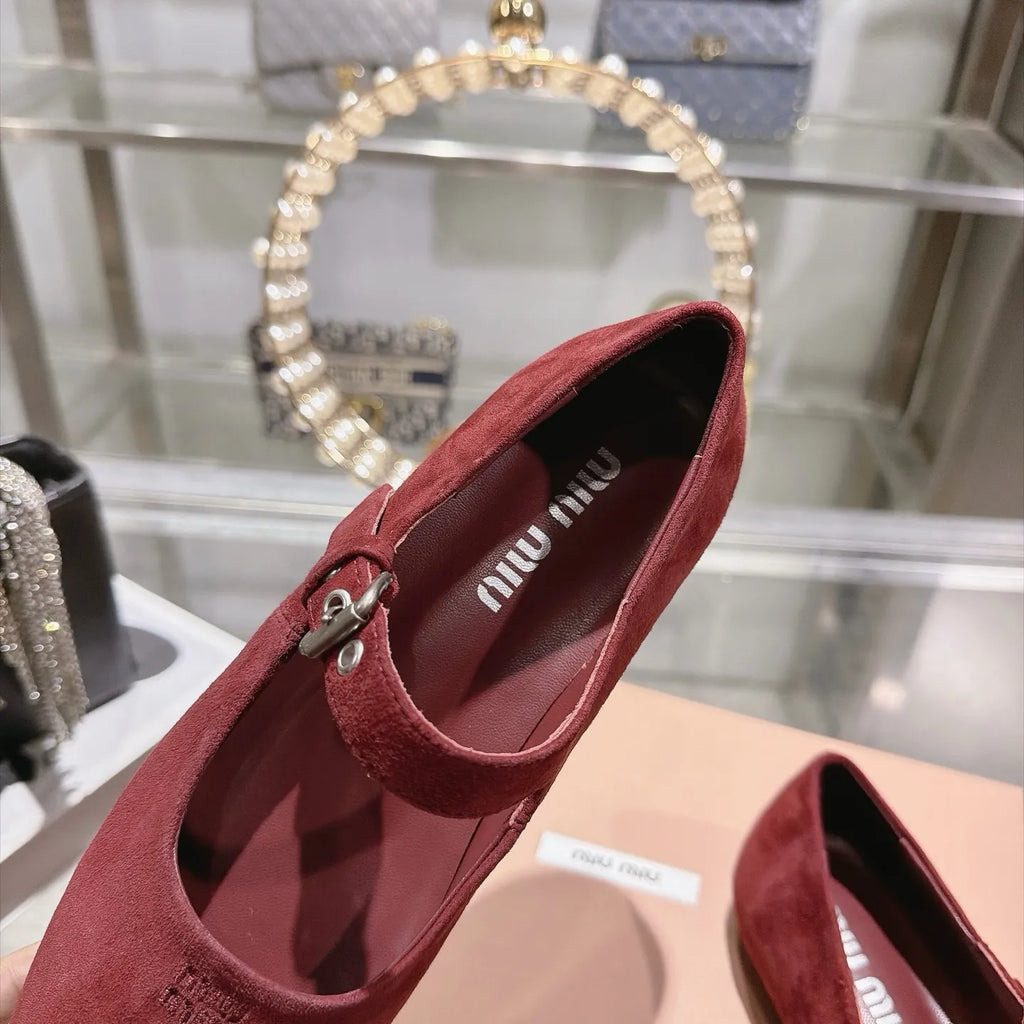 Miu Miu Women's Square Toe Mary Jane Flats Suede Sheepskin 2026